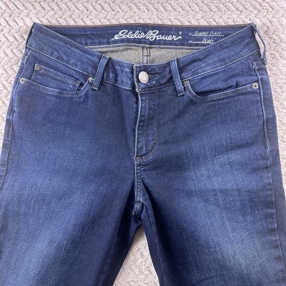 Women's Eddie Bauer Slightly Curvy Skinny Zip Ankle Dark Wash Denim Jeans Sz 2 - Picture 2 of 15